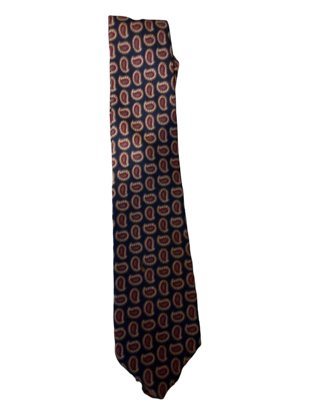 Bloomingdale's Navy Paisley wool Tie with Red and Gold Accents